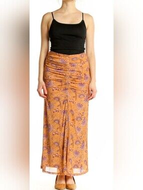 HOUSE OF HARLOW 1960 | Apricot/Violet Floral Mesh Ruched Maxi Skirt | Large